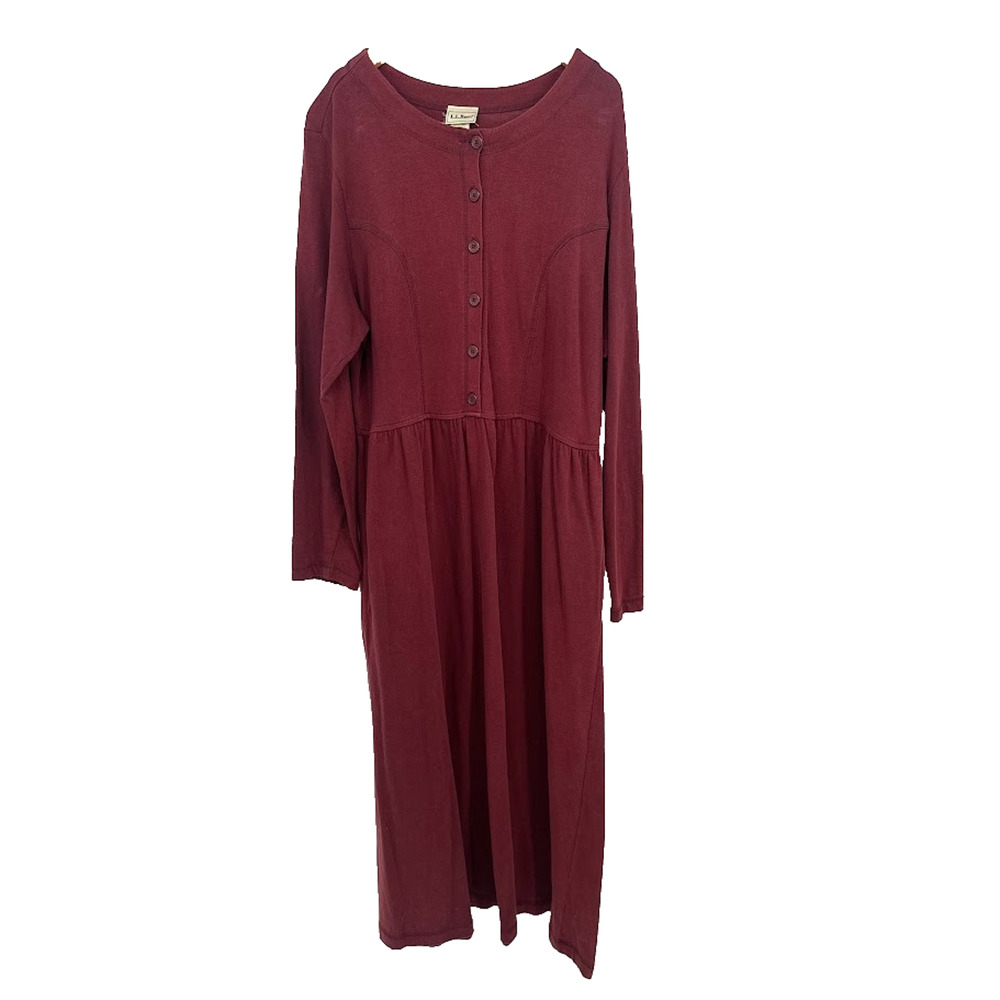 Vintage LL Bean Cotton Maxi Dress Maroon Large Cottagecore Modest Prairie